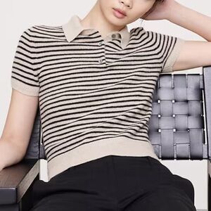 🤎 Cashmere Striped Banana Republic CASHMERE SHORT-SLEEVE SWEATER POLO Shirt Top